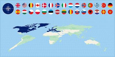 Member countries of North Atlantic alliance selected on world map. Flag set of alliance members. vector