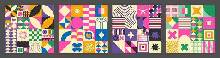 Abstract simple geometric seamless pattern with figure, form, shapes, circle and lines in Bauhaus style. Vibrant grunge geometry brutalism y2k 2000s print. Modern collage illustration vector