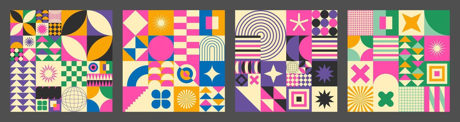 Abstract simple geometric seamless pattern with figure, form, shapes, circle and lines in Bauhaus style. Vibrant grunge geometry brutalism y2k 2000s print. Modern collage illustration