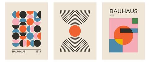 Set of trendy modern abstract geometric bauhaus posters with circle, square line shape. Minimalistic print for wall art decoration, postcard or brochure cover design in retro style art vector