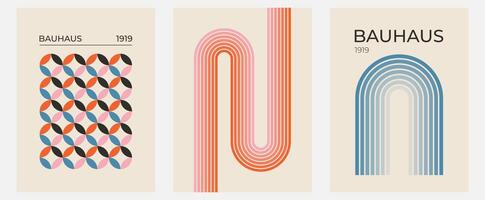 Set of trendy modern abstract geometric bauhaus posters with circle, square line shape. Minimalistic print for wall art decoration, postcard or brochure cover design in retro style art vector