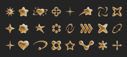 Set of Y2k geometric 3D render gold shapes trendy retro futuristic design elements, infographic shapes. Modern concept with symbols and objects, star, heart illustration for UI and UX vector