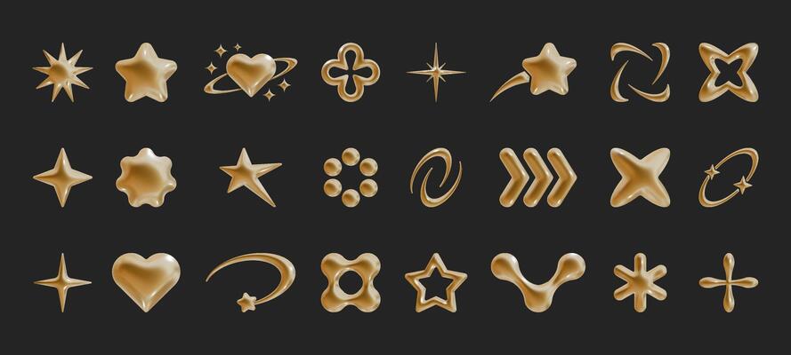 Set of Y2k geometric 3D render gold shapes trendy retro futuristic design elements, infographic shapes. Modern concept with symbols and objects, star, heart illustration for UI and UX