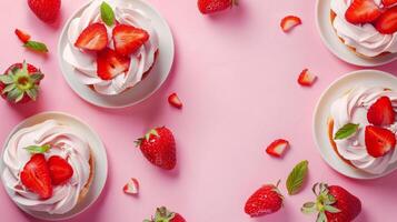 Ice cream strawberry shortcake dessert on white plate copy space pink isolated photo