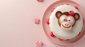 Cake monkey character for children snack time or party birthday copy space isolated photo
