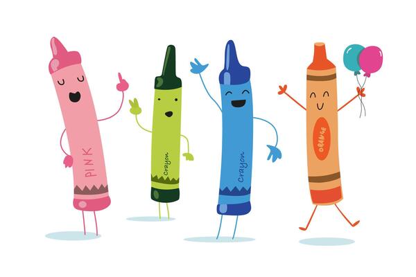Back to school flat illustration. Cute cartoon crayon, marker, pencil, a brush, an eraser in the shape of a bear. Set of school supplies. Set of school supplies