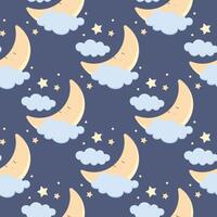 Children s cute pattern with a small sleeping crescent moon in the clouds. Childrens cute background for wallpaper, paper, fabric vector