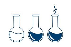 A round chemical flask with a solution. Laboratory glassware for analysis, research. Chemical reaction. Illustration on the topic of chemistry, biology, biotechnology. vector