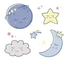Children s cute set with the image of a small sleeping moon, a crescent moon, a star and a cloud vector