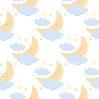 Children s cute pattern with a small sleeping crescent moon in the clouds. Childrens cute background for wallpaper, paper, fabric vector