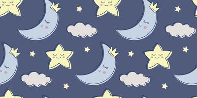 Children s cute pattern with a sleeping moon in a crown, clouds and stars. Childrens cute background for wallpaper, fabric, paper. Pattern for a boy vector