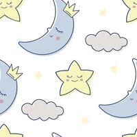 Children s cute pattern with a sleeping moon in a crown, clouds and stars. Childrens cute background for wallpaper, fabric, paper. Pattern for a boy vector