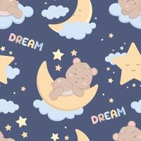 Children s cute pattern with a sleeping little bear, a crescent moon in the clouds and a star. Childrens cute background for wallpaper, fabric, paper vector