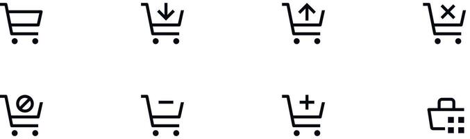 Shopping Cart Line Icon. Minimal Illustration. Included Simple Outline Icons set as Trolley, Supermarket Basket, Shop Bag, Add Item, E-commerce. Editable Stroke. Pixel Perfect vector
