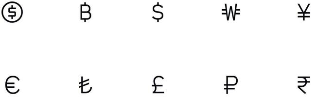 Simple Set of Currency Related Line Icons. Contains such Icons as Exchange Rate and Currency. symbol euro and dollar, bitcoin, rial, frank, pound, yen, yuan, rupee, lira, won and rouble vector