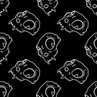 Seamless pattern with cat skulls. Flat black background design. Repeating print for fabric, wrapping paper, textile vector