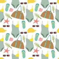 seamless beach pattern with the image of a suitcase, sunglasses, beach bag, wide-brimmed hat, starfish flat cartoon style . vector