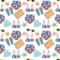 seamless beach pattern with the image of a suitcase, sunglasses, beach bag, wide-brimmed hat, starfish flat cartoon style . vector