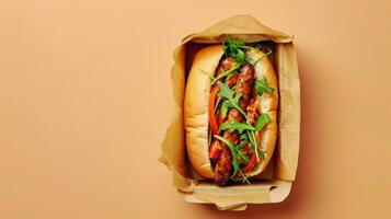Flat lay meal lunch box sandwich roasted with garlic sausage simple food photo