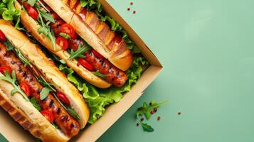 Flat lay meal lunch box sandwich roasted with garlic sausage simple food photo