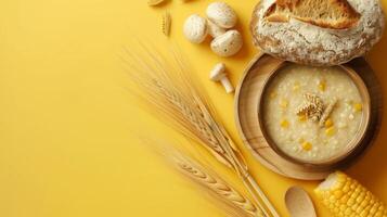 Corn mushroom porridge for breakfast restaurant or home copy space isolated photo