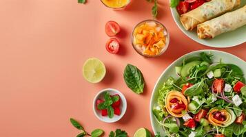 Italian caprese salad with vegetable, basils, tomatoes and mozzarella, flat lay copy space photo