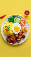 Yellow rice with chicken fried , egg slice, carrot, cucumber and chili story background photo