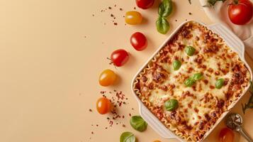 Flat lay lasagna cheese meal meat with vegetable tomato copy space isolated photo