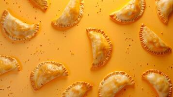 Flat lay empanadas meat meal stuffed pastel baked salty appetizer pattern photo