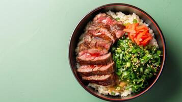 Beef yakiniku traditional Japaness food beef and rice copy space background photo