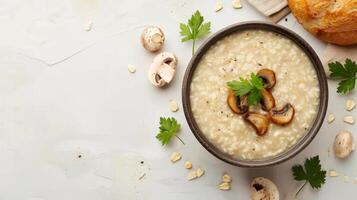 Corn mushroom porridge for breakfast restaurant or home copy space isolated photo