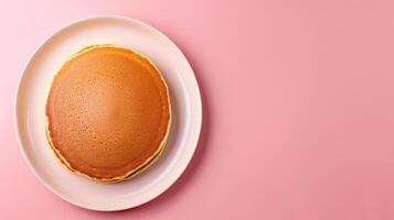 Sweet pancake simple breakfast homemade copy space flat lay isolated pink photo