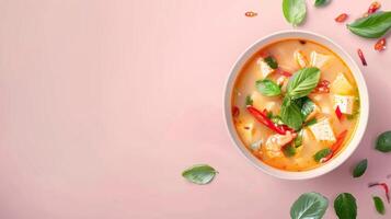 Asian meal tom yum with shrimp spicy soup with chili and coconut milk copy space photo