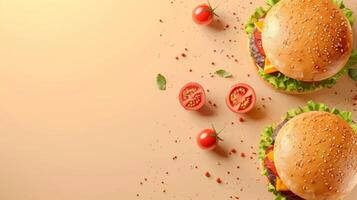 Flat lay burger beef meat bun bread with tomato and lettuce sandwich fast food copy space isolated photo