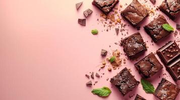 Flat lay chocolate brownie cube slice dessert cake copy space photo