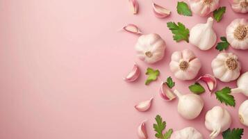 Flat lay white garlic seasoning vegetable for cooking copy space photo