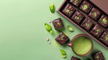 Flat lay chocolate brownie cube slice dessert cake copy space photo