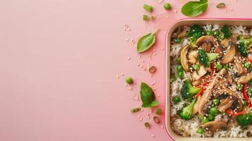 Box lunch rice, oyster sauce, mushroom and sesame copy space flatlay photo