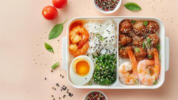 Meal box with rice, shrimp, squid, black pepper and egg copy space photo