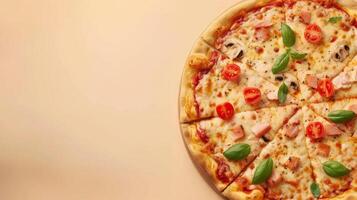 Tuna pizza with basil, tomato, mozzarella, olive copy space background photo