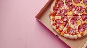 Pizza with beef sausage slice on brown paper box take away copy space photo