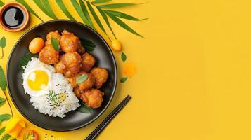 Flat lay chicken karage with rice, sesame and egg on black plate copy space photo