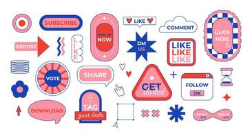 Social media call-to-action stickers set. Popular clickable prompt buttons for web. Icons, tags, labels. Retro vintage nostalgia. Marketing and communication. isolated on white. vector