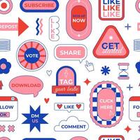 Social media call-to-action stickers seamless pattern. Background with trendy buttons for web, icons, tags, labels. Y2k retro style. Marketing and communication. Wallpaper, digital paper. vector