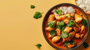 Traditional curry chicken rice with turmeric herb copy space isolated background photo