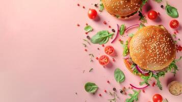 Flat lay burger beef meat bun bread with tomato and lettuce sandwich fast food copy space isolated photo