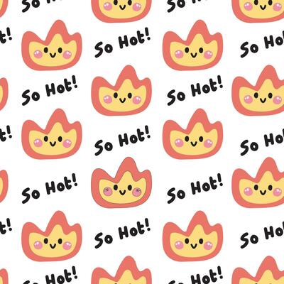Seamless pattern of cute smile face fire with so hot text on white background.Burn.Cartoon hand drawn character design.Kawaii.Illustration.
