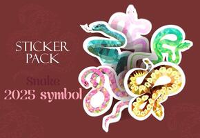 Set sticker pack geometric snakes of 3d illustration stickers, for printing and use in various symbols of the year 2025 Chinese zodiac vector