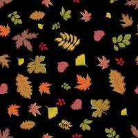 Gold autumn leaves seamless pattern on black background. Line art style. Stylish background, textile or wrapping paper design. illustration vector