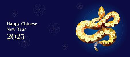 Happy Chinese new year 2025 Horizontal Banner Zodiac sign, year of the Snake, with gold paper cut art and geometric style on blue color background. vector